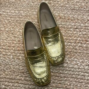 Massimo Dutti Metallic Gold Leather Loafers